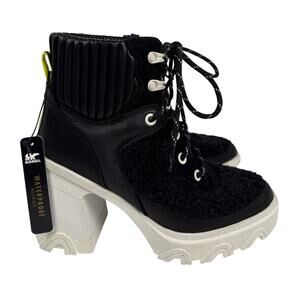 Sorel Brex Heel Cozy Lace Bootie‎ Womens 5.5 Black Leather Faux Shearling